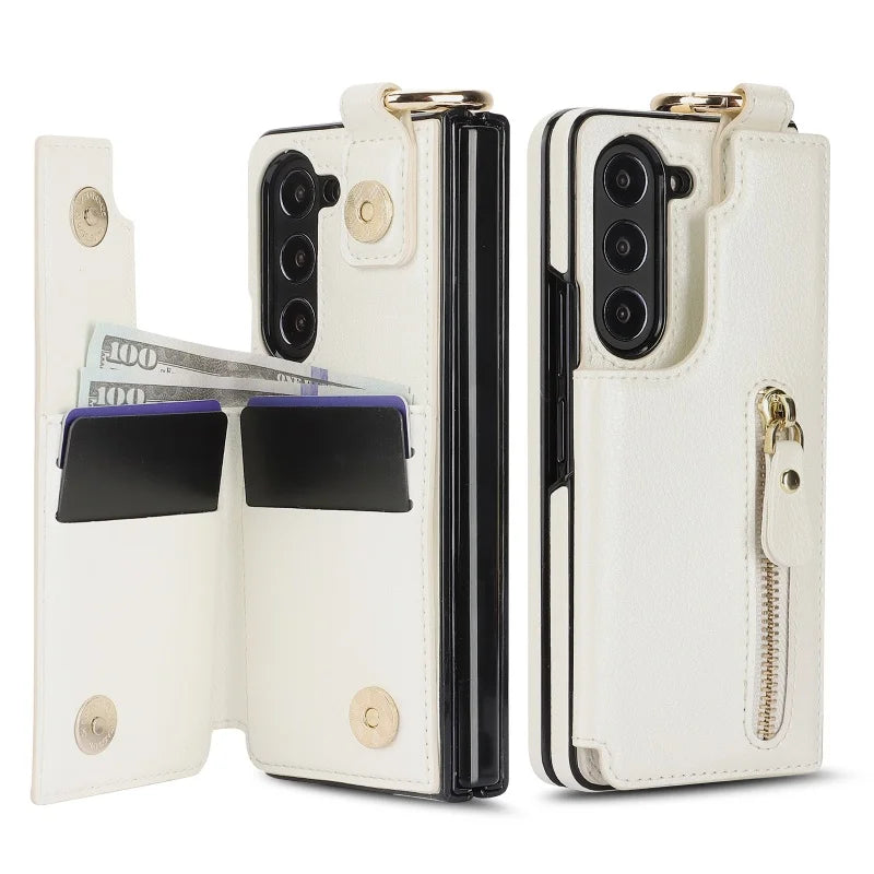 Ring Leather Zipper Wallet Card Slot Phone Case for Samsung Galaxy Z Fold 7 6 5 4 3 Shock Proof Flip Purse Holder Cover Hoesje