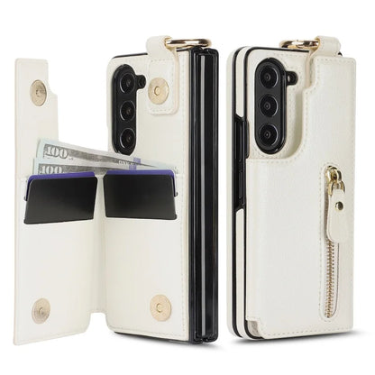 Ring Leather Zipper Wallet Card Slot Phone Case for Samsung Galaxy Z Fold 7 6 5 4 3 Shock Proof Flip Purse Holder Cover Hoesje
