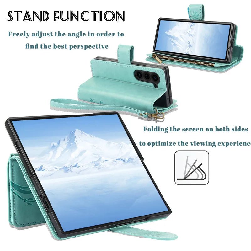 Lanyard Leather Zipper Wallet Multi Card Phone Case for Samsung Galaxy Z Fold 7 6 5 4 3 Fold6 Fold5 Fold4 Fold3 Flip Stand Cover