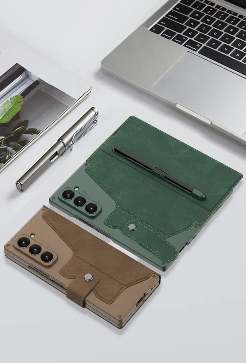 Fold 7 Card Holder Screen Film&Phone Case for Samsung Galaxy Z Fold 7 6 Pen Slot Magnetic Buckle Wallet Pu Leather+Pc Hard Cover