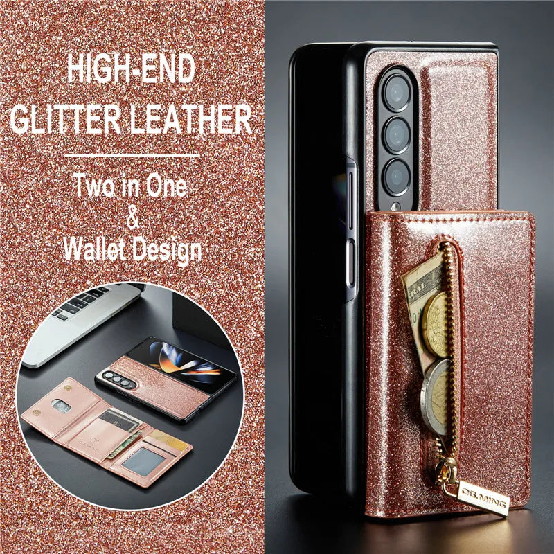 Glitter Magnetic Leather Zip Wallet Phone Case For Samsung Galaxy Z Fold 5 4 3