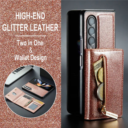 Glitter Magnetic Leather Zip Wallet Phone Case For Samsung Galaxy Z Fold 5 4 3