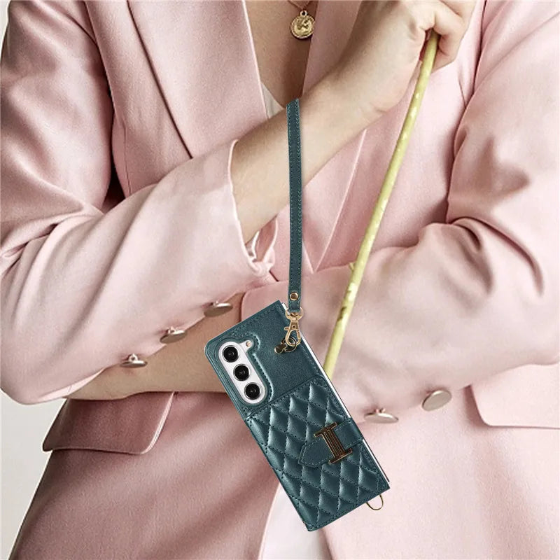 Crossbody Lanyard Leather Wallet Card Phone Case for Samsung Galaxy Z Fold 7 6 5 4 3 Fold6 Fold5 Fold4 Fold3 Wrist Rope Cover