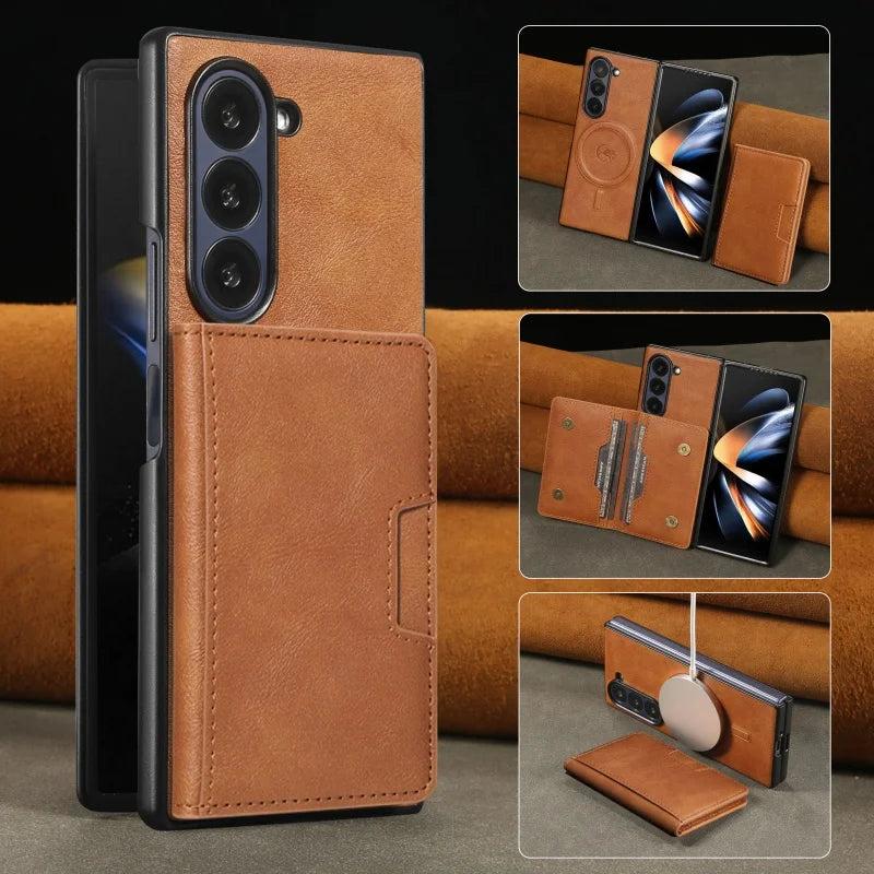 MagSafe Wireless Charging Leather Purse Phone Case For Samsung Galaxy Z Fold 7 6 5 4 3 Fold7 Fold6 Fold5 Flip Wallet Card Cover