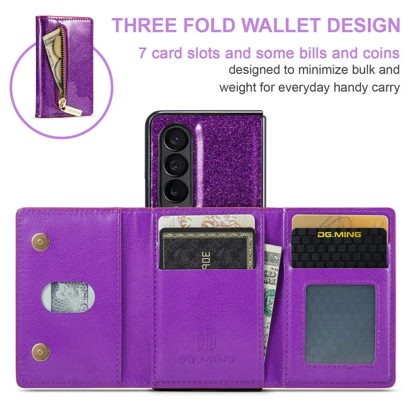 Glitter Magnetic Leather Zip Wallet Phone Case For Samsung Galaxy Z Fold 5 4 3