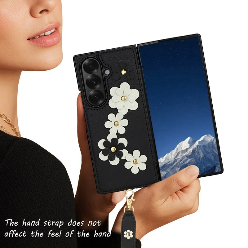 Long Lanyard Leather Wallet Card Slot Phone Case for Samsung Galaxy Z Fold 7 6 5 4 Wrist Strap Flip Purse Holder Cover Back Bag