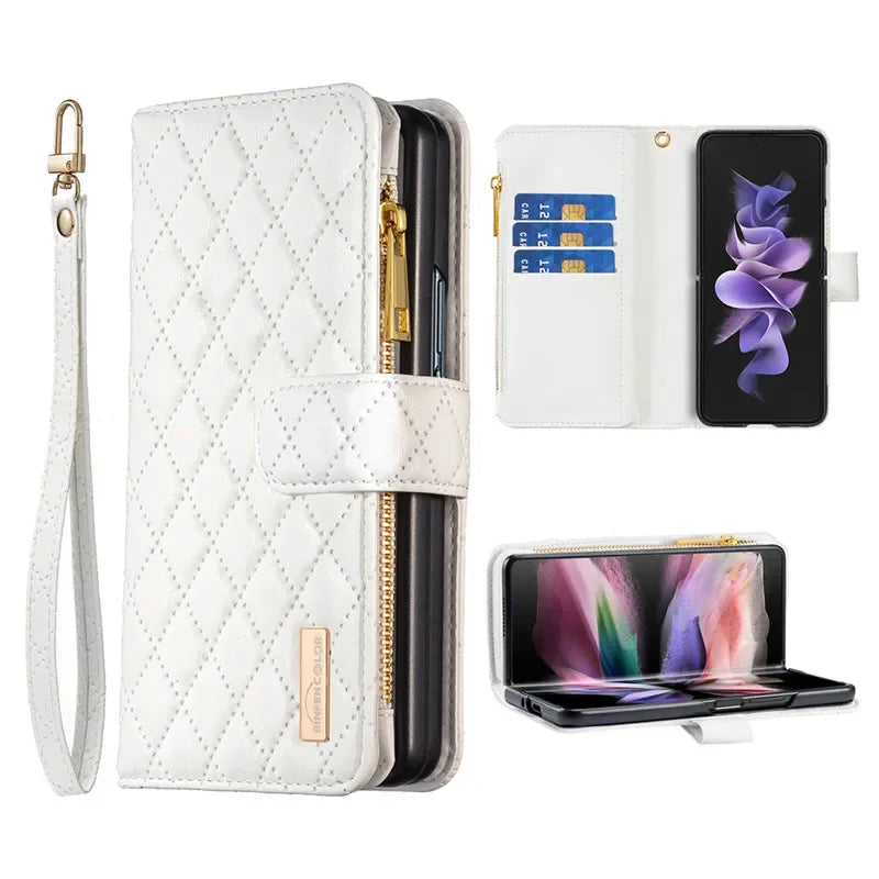 Luxury Lanyard Zipper Wallet Card Slot Phone Case For Samsung Galaxy Z Fold 7 6 5 4 3 Fold6 Fold5 Fold4 Leather Flip Stand Cover