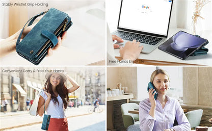 Luxury Lanyard Leather Zipper Wallet Card Phone Case For Samsung Galaxy Z Fold 7 6 5 4 Fold6 Fold5 Fold4 Purse Flip Stand Cover