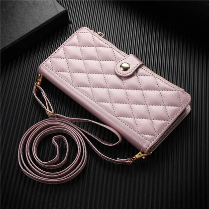 Crossbody Lanyard Leather Zip Wallet Card Slot Phone Case for Samsung Galaxy Z Fold 7 6 5 4 3 Wrist Strap Flip Stand Cover Etui