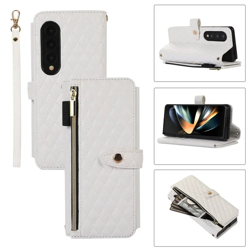 Luxury Lanyard Leather Flip Stand Phone Case for Samsung Galaxy Z Fold 7 6 5 4 3 Fold6 Fold5 Fold3 Fold4 Zip Wallet Card Cover