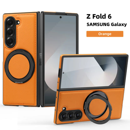 Phone Case for Samsung Galaxy Z Fold 7 Fold6 5 4 3 Strong Magnetic Ring&360 °rotating Bracket Wireless Charging Pu Leather Cover