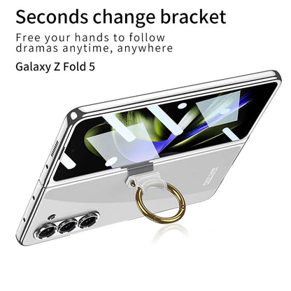 Luxury Plating HD Transparent Case for Samsung Galaxy Z Fold 6 5 5G Case with Ring Metal Ring Clear Shockproof Shell Case