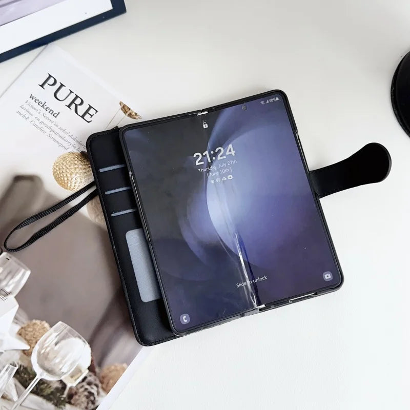 Luxury Leather Flip Purse Holder Phone Case For Samsung Galaxy Z Fold 7 6 5 4 3 Fold7 Fold6 Fold5 Wallet Card Cover Back Bag