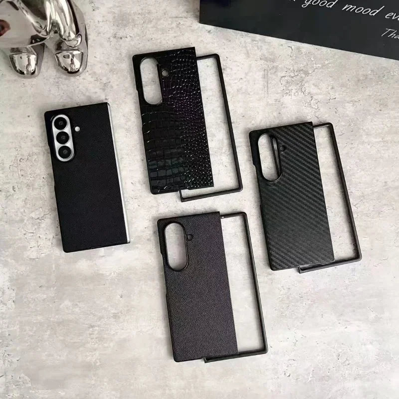 Leather Case For Samsung Galaxy Z Fold 7 6 5 4 3 Z Flip 7 6 5 4 3 Carbon Fiber Saffiano Crocodile Lychee Cover Wireless Charging