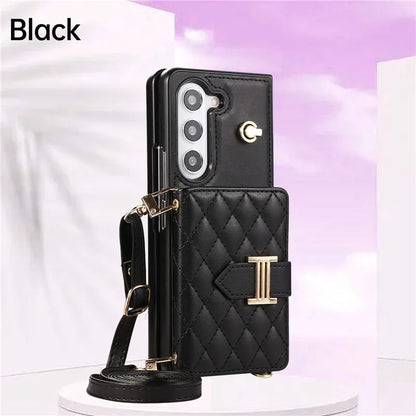 Crossbody Lanyard Leather Wallet Card Phone Case for Samsung Galaxy Z Fold 7 6 5 4 3 Fold6 Fold5 Fold4 Fold3 Wrist Rope Cover