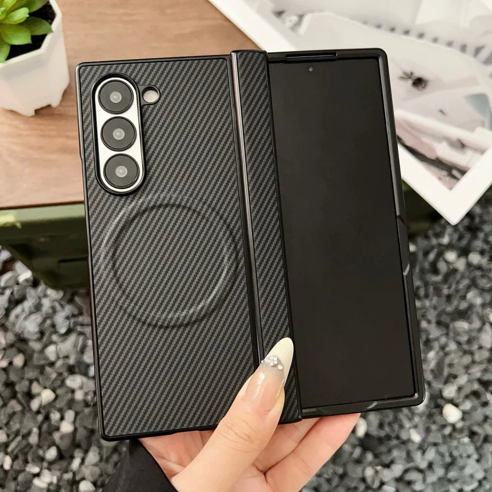 High end Carbon Fiber Magnetic Hinge Magsafe Phone Case For Samsung Galaxy Z Fold 7 6 5 4 3 5g Wireless Charging Bumper Cover