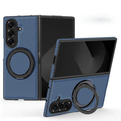 Auto Leather Phone Case for Samsung Galaxy Z Fold 7 Fold6 5 4 3 Magnetic Rotating Alloy Bracket Ring Carbon Fiber Pattern Cover