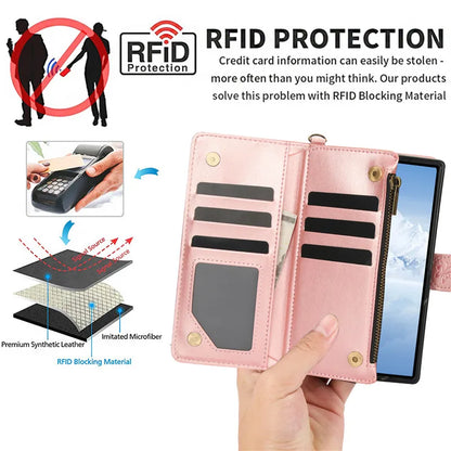 Lanyard Leather Zipper Wallet Multi Card Phone Case for Samsung Galaxy Z Fold 7 6 5 4 3 Fold6 Fold5 Fold4 Fold3 Flip Stand Cover