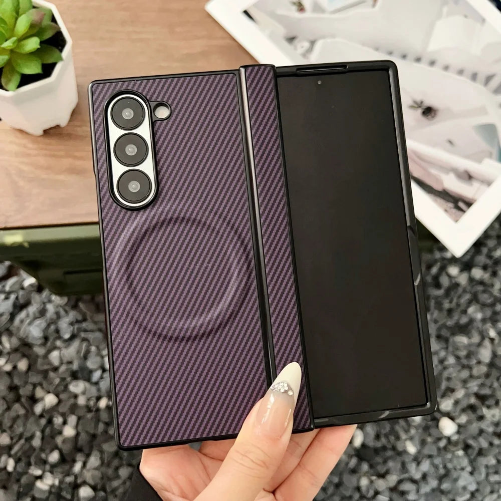 High end Carbon Fiber Magnetic Hinge Magsafe Phone Case For Samsung Galaxy Z Fold 7 6 5 4 3 5g Wireless Charging Bumper Cover