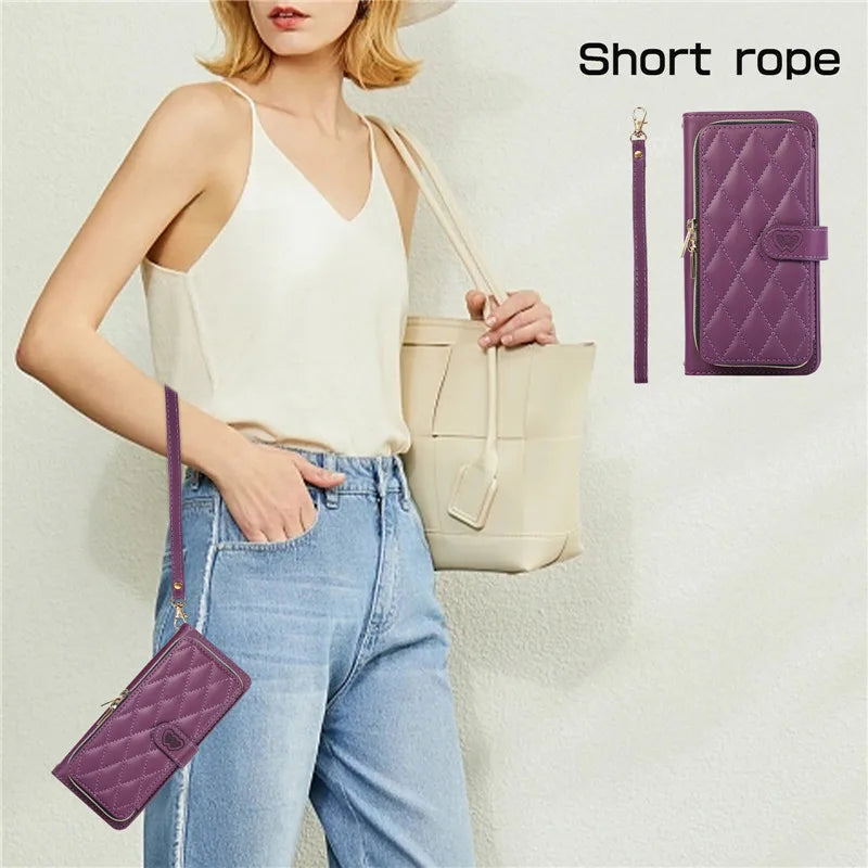 Crossbody Lanyard Zip Leather Wallet Card Phone Case for Samsung Galaxy Z Fold 7 6 5 4 3 Luxury Wrist Rope Flip Stand Cover Bag