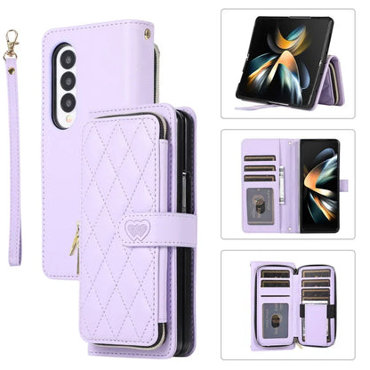 Crossbody Lanyard Zip Leather Wallet Card Phone Case for Samsung Galaxy Z Fold 7 6 5 4 3 Luxury Wrist Rope Flip Stand Cover Bag