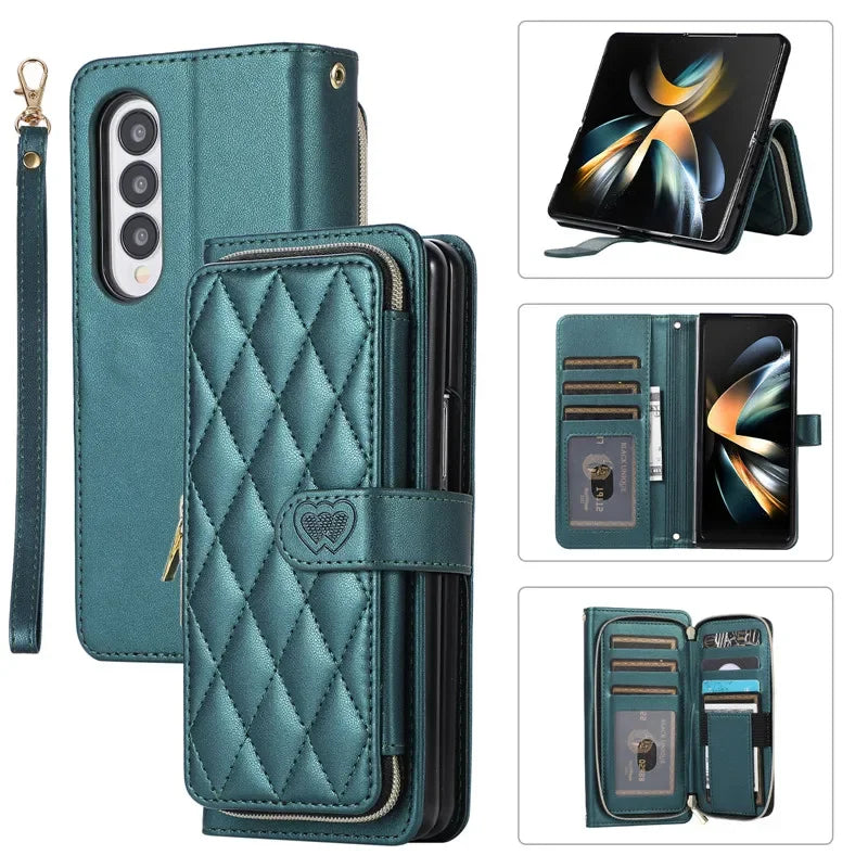 Crossbody Lanyard Zip Leather Wallet Card Phone Case for Samsung Galaxy Z Fold 7 6 5 4 3 Luxury Wrist Rope Flip Stand Cover Bag