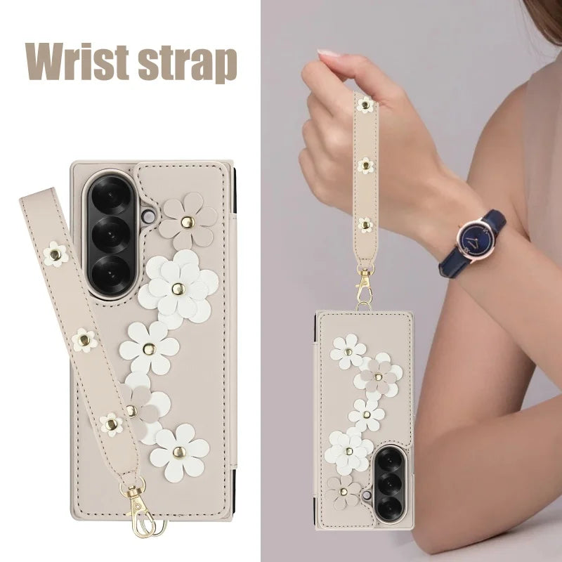 Long Lanyard Leather Wallet Card Slot Phone Case for Samsung Galaxy Z Fold 7 6 5 4 Wrist Strap Flip Purse Holder Cover Back Bag