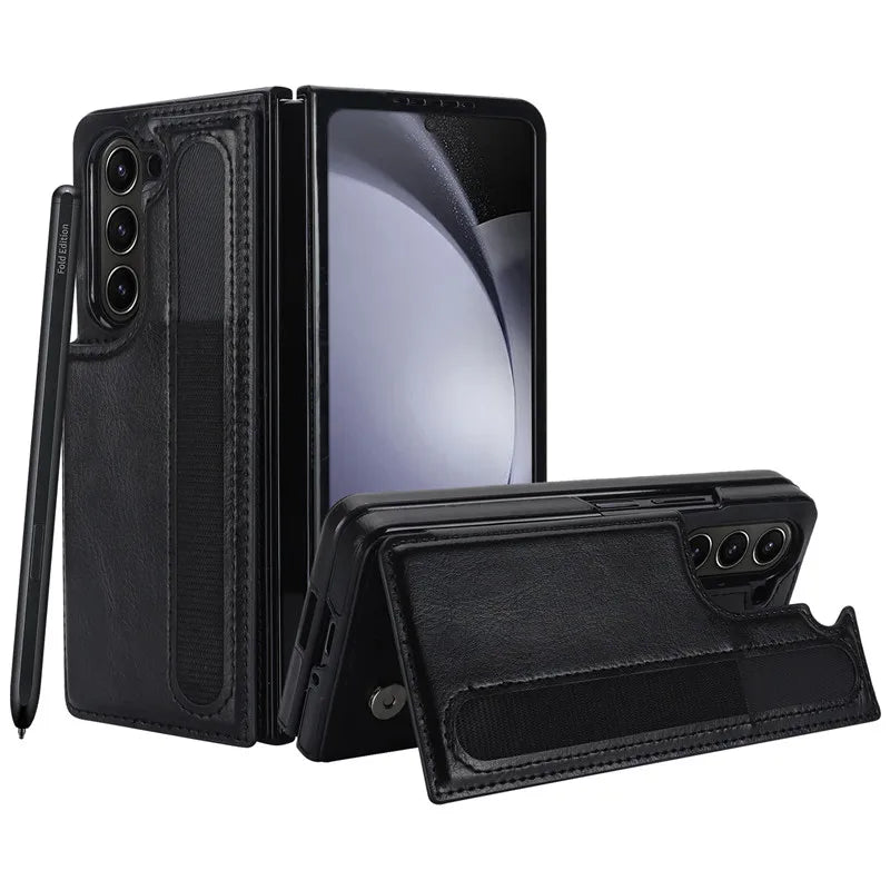 Pen Slot Leather Wallet Card Phone Case for Samsung Galaxy Z Fold 7 6 5 4 3 Fold6 Fold5 Fold4 Fold3 Retor Flip Stand Cover Etui