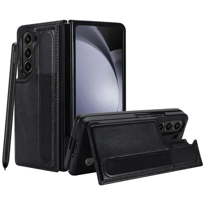 Pen Slot Leather Wallet Card Phone Case for Samsung Galaxy Z Fold 7 6 5 4 3 Fold6 Fold5 Fold4 Fold3 Retor Flip Stand Cover Etui