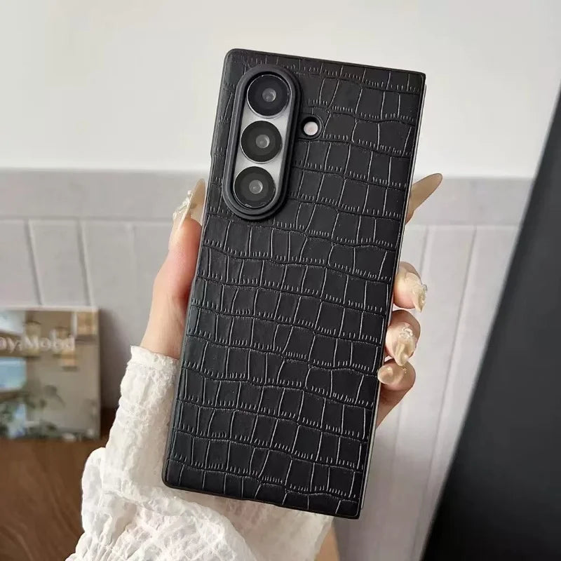 Leather Case For Samsung Galaxy Z Fold 7 6 5 4 3 Z Flip 7 6 5 4 3 Carbon Fiber Saffiano Crocodile Lychee Cover Wireless Charging