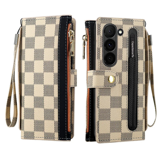 Leather Card Wallet With S Pen Solt Case For Samsung Galaxy Z Fold 6 5 4 3 2 ZFold6 Fold Multifunctional Zipper Protection Cover