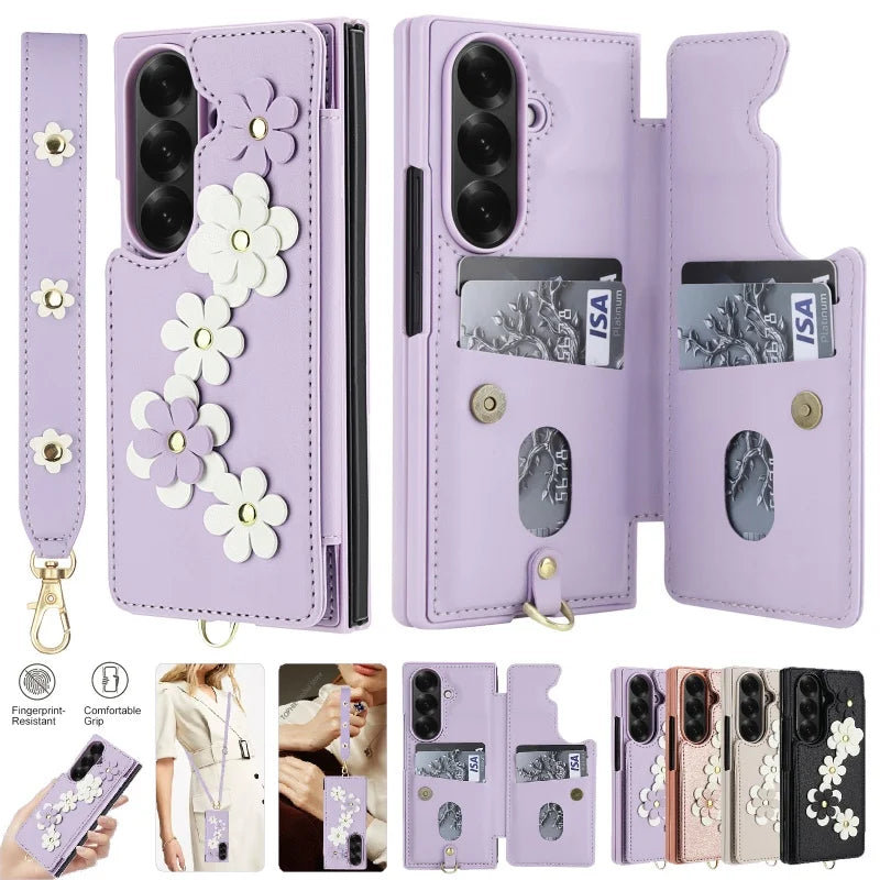 Long Lanyard Leather Wallet Card Slot Phone Case for Samsung Galaxy Z Fold 7 6 5 4 Wrist Strap Flip Purse Holder Cover Back Bag
