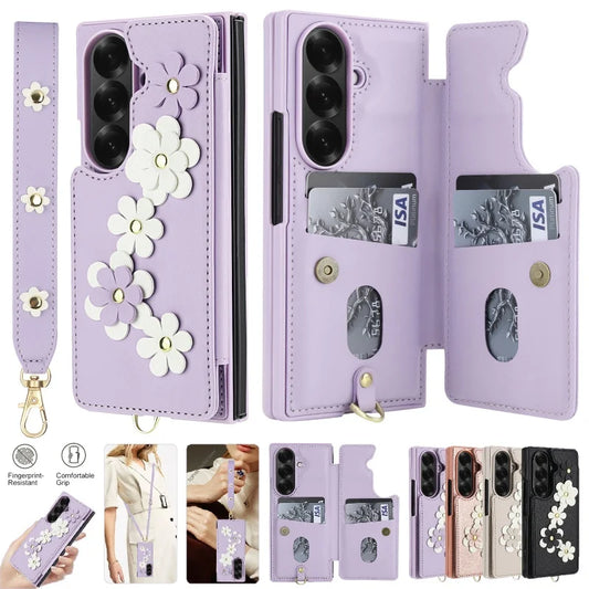 Long Lanyard Leather Wallet Card Slot Phone Case for Samsung Galaxy Z Fold 7 6 5 4 Wrist Strap Flip Purse Holder Cover Back Bag
