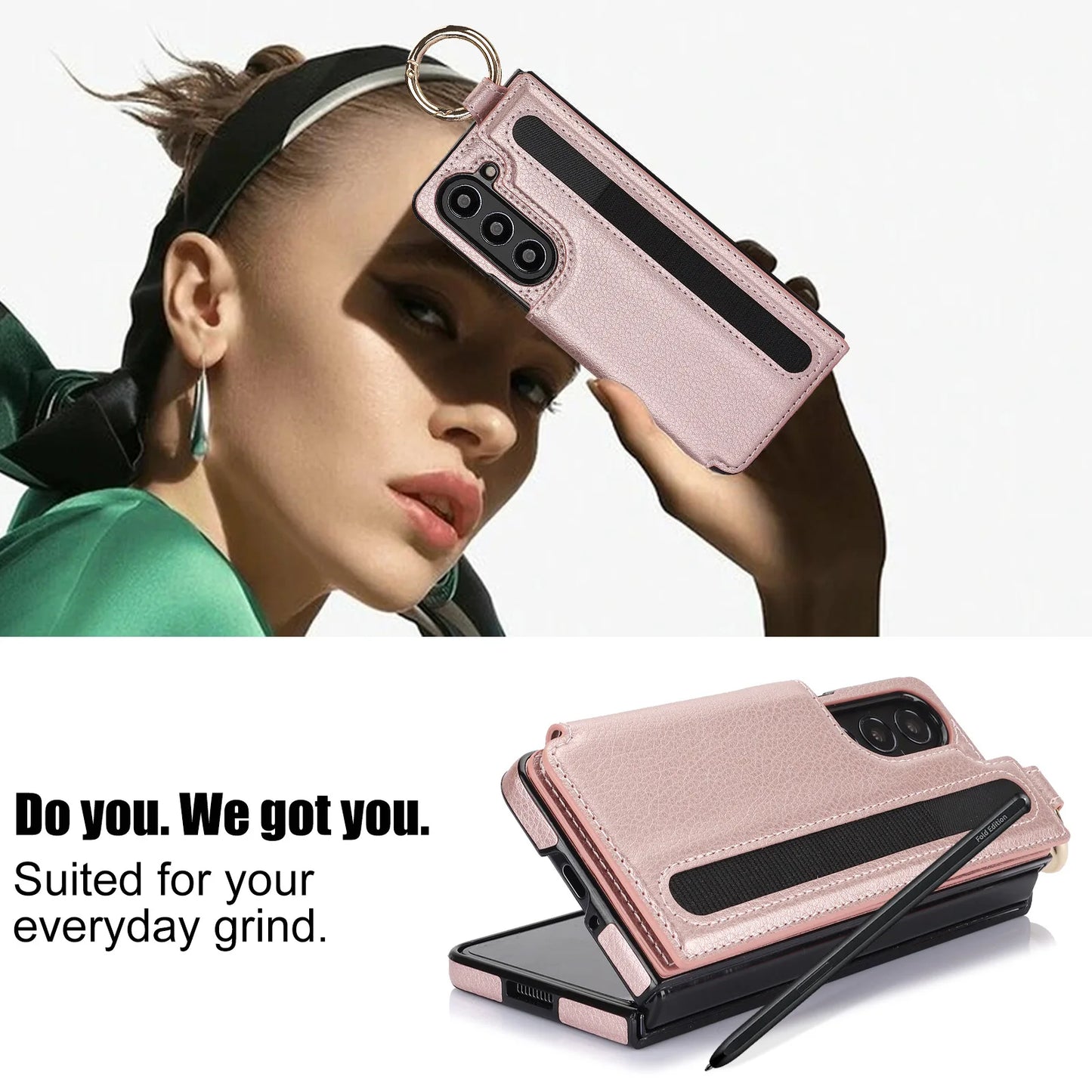 Fold7 Ring&Pen Slot Pu Leather Phone Case for Samsung Galaxy Z Fold 7 6 5 4 3 Metal Double Buckle Flip Card Holder Wallet Cover