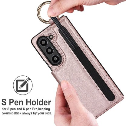 Fold7 Ring&Pen Slot Pu Leather Phone Case for Samsung Galaxy Z Fold 7 6 5 4 3 Metal Double Buckle Flip Card Holder Wallet Cover