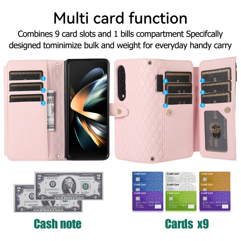 Luxury Lanyard Leather Flip Stand Phone Case for Samsung Galaxy Z Fold 7 6 5 4 3 Fold6 Fold5 Fold3 Fold4 Zip Wallet Card Cover