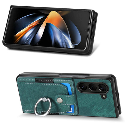 Z Fold 7 Retro Pu Leather Phone Case for Samsung Galaxy Z Fold 6 5 4 3 Magnetic Hardware Ring&buckle Card Slot Bag Bracket Cover