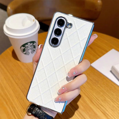 Phone Case for Samsung Galaxy Z Fold 7 6 5 4 Z Electroplated Diamond Grid Pattern PU Leather Luxury Hard Cover