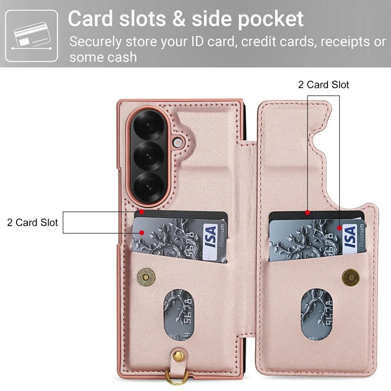 Long Lanyard Leather Wallet Card Slot Phone Case for Samsung Galaxy Z Fold 7 6 5 4 Wrist Strap Flip Purse Holder Cover Back Bag