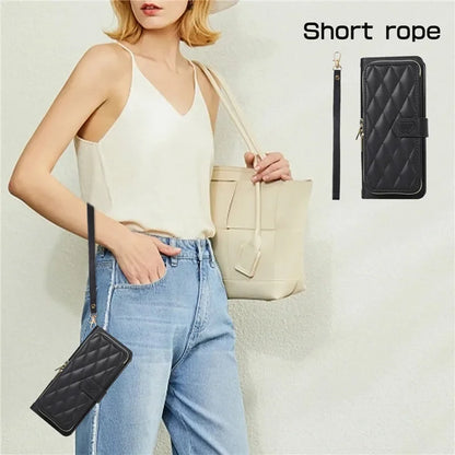 Crossbody Lanyard Zip Leather Wallet Card Phone Case for Samsung Galaxy Z Fold 7 6 5 4 3 Luxury Wrist Rope Flip Stand Cover Bag
