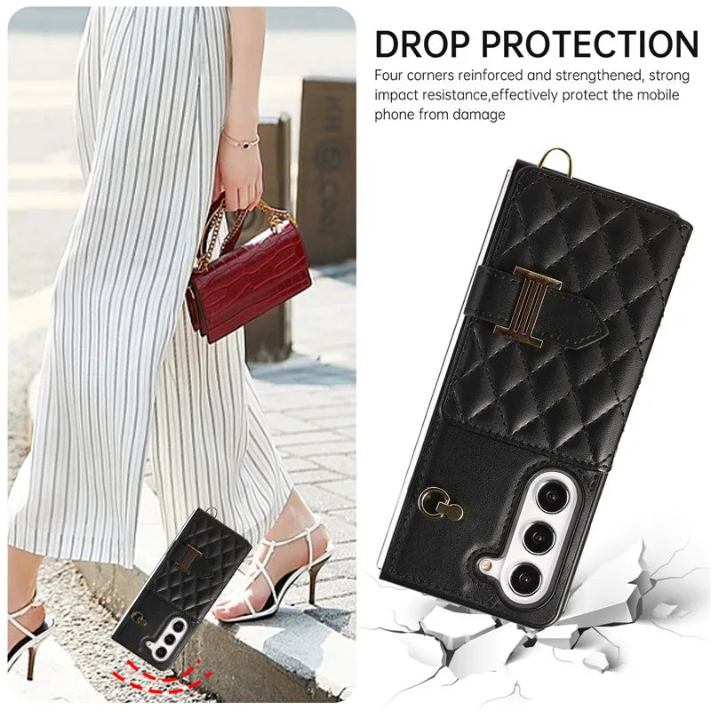Crossbody Lanyard Leather Wallet Card Phone Case for Samsung Galaxy Z Fold 7 6 5 4 3 Fold6 Fold5 Fold4 Fold3 Wrist Rope Cover