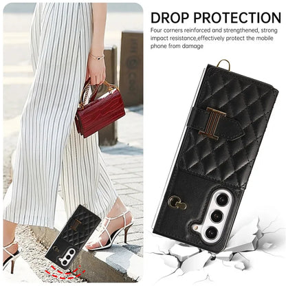 Crossbody Lanyard Leather Wallet Card Phone Case for Samsung Galaxy Z Fold 7 6 5 4 3 Fold6 Fold5 Fold4 Fold3 Wrist Rope Cover