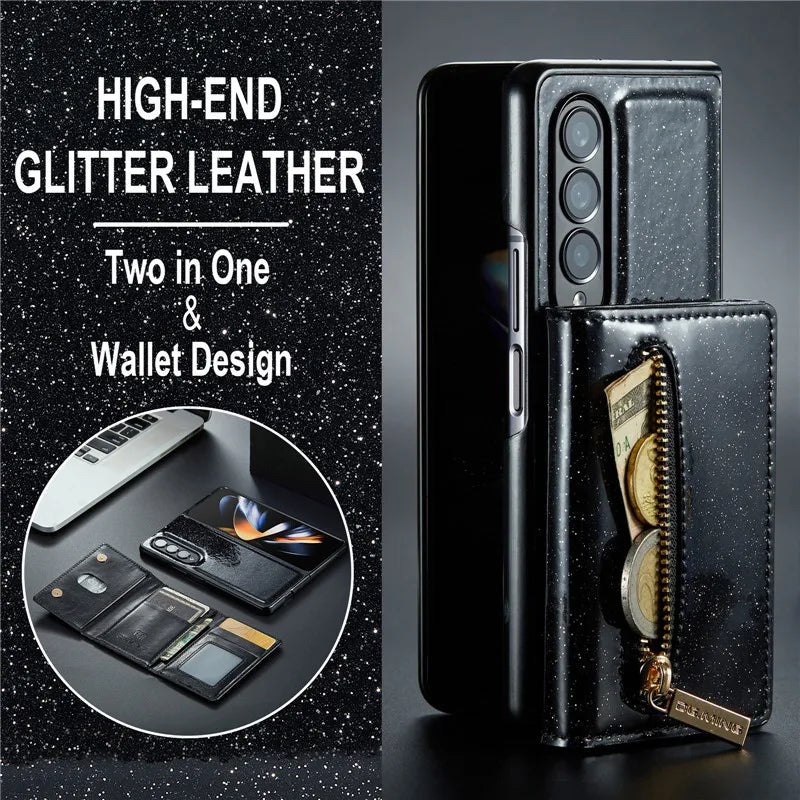 Glitter Magnetic Leather Zip Wallet Phone Case For Samsung Galaxy Z Fold 5 4 3