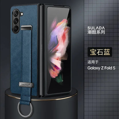 High-end Cowide Leather Mobile Phone Case for Samsung Galaxy Z Fold 7 Fold6 5 4 3 Wristband Holder Camera Protection Back Cover