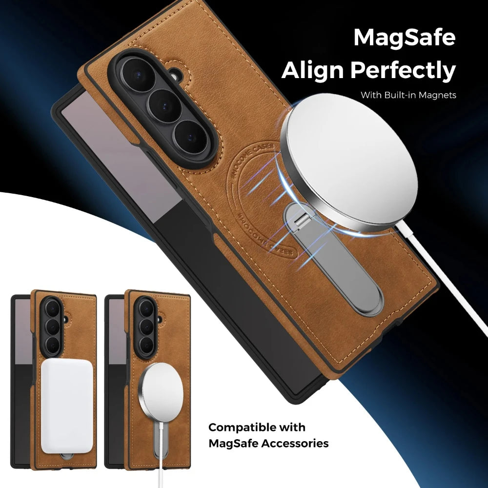 Fold 7 Strong Magnetic Phone Case for Samsung Galaxy Z Fold 7 6 5 4 3 Wireless Charging Metal Rotating Bracket Pu Leather Cover