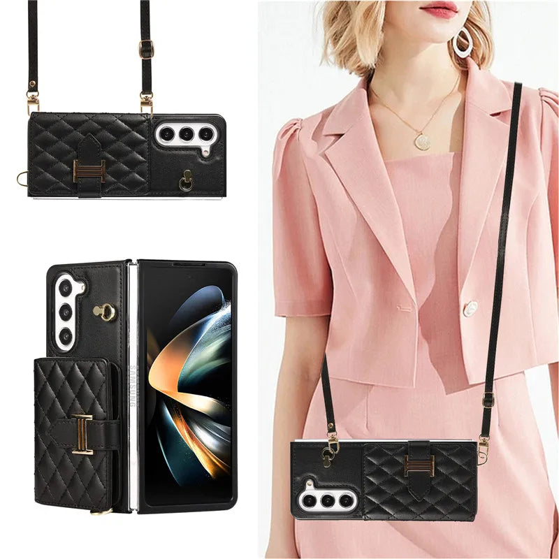 Crossbody Lanyard Leather Wallet Card Phone Case for Samsung Galaxy Z Fold 7 6 5 4 3 Fold6 Fold5 Fold4 Fold3 Wrist Rope Cover