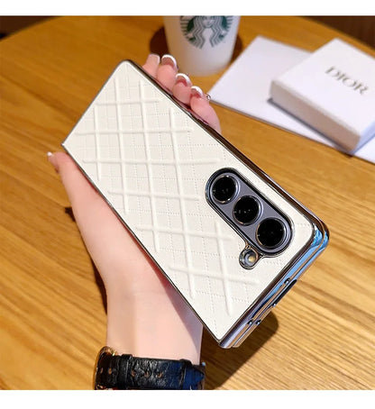 Phone Case for Samsung Galaxy Z Fold 7 6 5 4 Z Electroplated Diamond Grid Pattern PU Leather Luxury Hard Cover