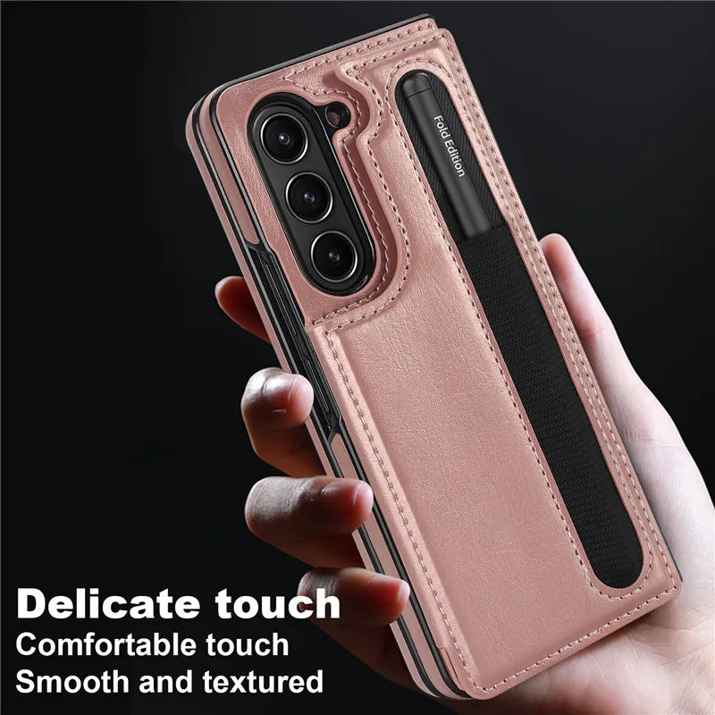 Pen Slot Leather Wallet Card Phone Case for Samsung Galaxy Z Fold 7 6 5 4 3 Fold6 Fold5 Fold4 Fold3 Retor Flip Stand Cover Etui