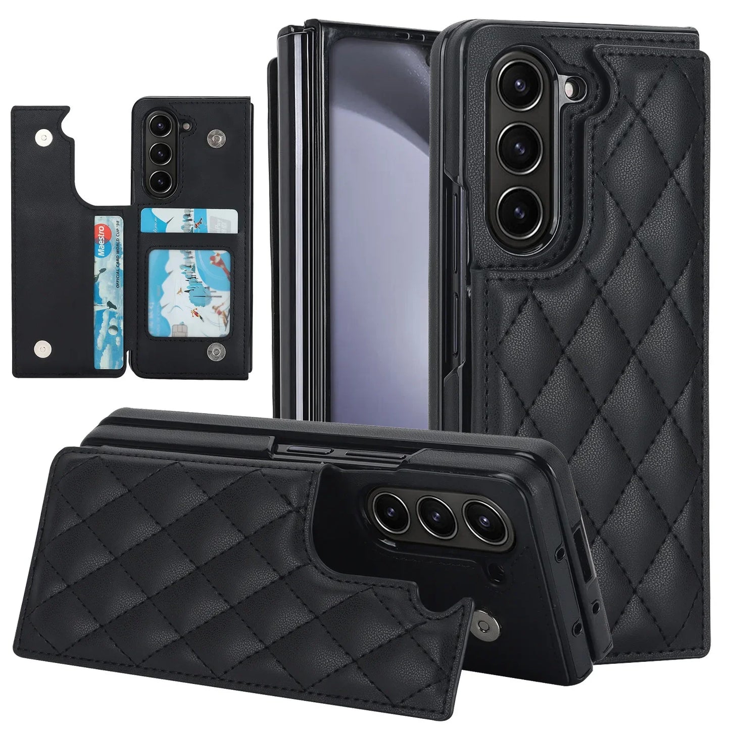 Fold7 Double Button Card Holder Wallet Phone Case for Samsung Galaxy Z Fold 7 6 5 4 3 Diamond Grid Texture Flip Pu Leather Cover