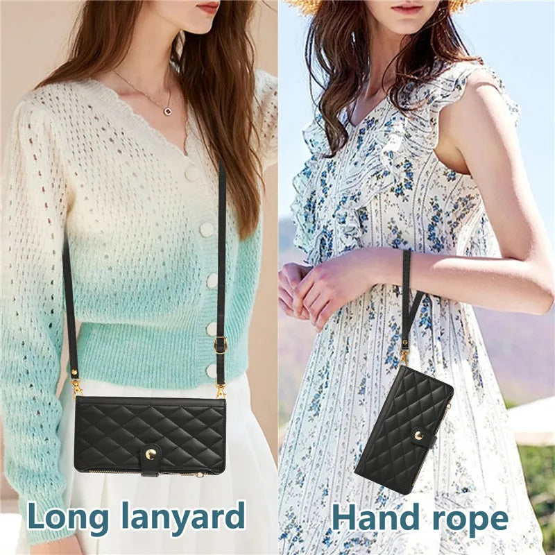 Crossbody Lanyard Leather Zip Wallet Card Slot Phone Case for Samsung Galaxy Z Fold 7 6 5 4 3 Wrist Strap Flip Stand Cover Etui